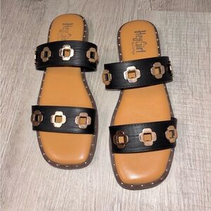 Corkys Black Double-Strap Slide Sandals with Gold Accents